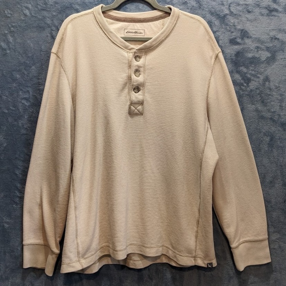 Eddie Bauer Men Henley T Shirt XL Beige Long Sleeve Waffle Knit Outdoor Gorpcore
